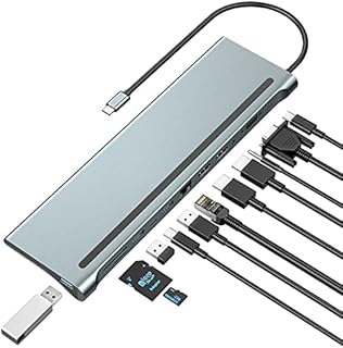 Docking Station Triple Monitor, USB Type C to 2 HDMI + VGA Adapter, 12 in 1 USB-C Hub, Laptop Docking Station Extended Display Multiport USB 3.0 SD/TF Audio for Dell, Surface, HP, Lenovo Laptops