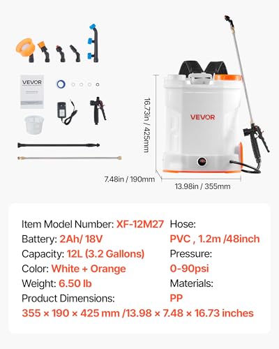 VEVOR Akku-Sprühgerät, 12 L, elektrischer Rücken-Drucksprüher, 2 einziehbare Stäbe und 5 Düsen, einstellbar 0–6 bar, 2 Stunden Laufzeit, tragbarer Pumpsprüher für Hof, Garten und Rasen