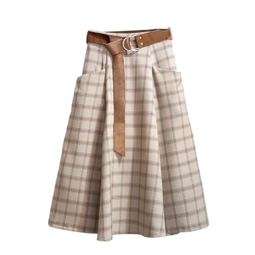 Women's Plaid Vantage High Waist A-Line Loose with Belt Pocket