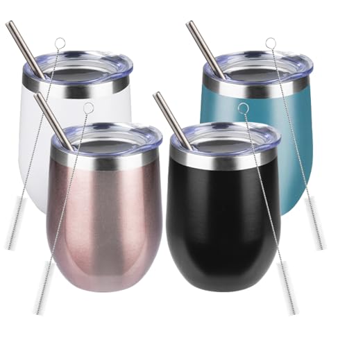 12oz/4Pack Stainless Steel Wine Tumbler with Lids, Double Wall Vacuum Stainless Steel Travel Tumbler,Insulated Wine GlassesTravel Tumbler for Cold & Hot Drinks,Cup for Champaign Coffee (Dark color )