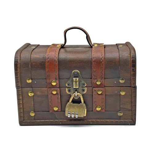 Vintage Wooden Treasure Box with Lock Pirate Treasure Chest, Antique Jewellery Storage Lockable 7.9 x 5.1 x 5.1 in - Handmade Rustic Keepsake Box for Women, Gifts for Boys Girls Gift Toys (Brown)