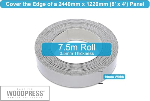 WoodPress® 19mm Perlgrau Melamin Kantenumleimer mit Schmelzkleber – 7,5m Rolle – Einfaches Aufbügeln für Heimwerker