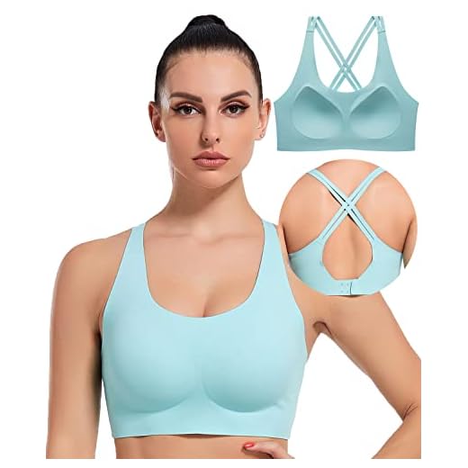 PRETTYWELL Molded Cup Sports Bras for Women, Cross Back Sports Bra Top, Wirefree Comfort Sport Bras for A to D Cup, Seamless Workout Bra Mid Impact Blue