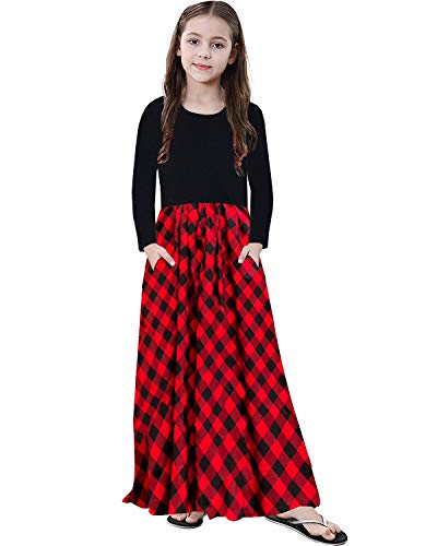 Image of KYMIDY Girl Maxi Dress Kids Casual Buffalo Check Plaid Long Sleeve Dresses with Pockets(6-14yrs)