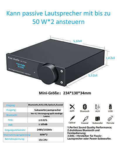 Fosi Audio DA2120A HiFi DAC Verstärker, 2.1CH CS8422 aptX-HD Stereo HiFi-Verstärker Bluetooth 5.0,...