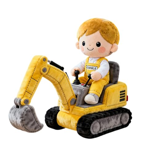 Cute Kid Operating Excavator Custom Shape Pillow - Personalized Gifts for Kid, 2D Flat Personalized Construction Boys Room Decoration Excavator Stuffed Construction, Cute Car Plush Pillow