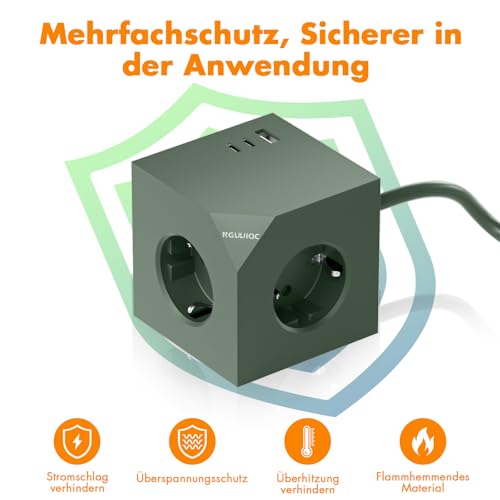 PD20W Steckdosenwürfel mit 2 USB C, 6 in 1 Mehrfachsteckdose Würfel mit Magnetpad, Steckdosenleiste Wandsteckdose Steckdosenadapter mit 1,5M Verlängerungskabel für Büro, Hause, Grün
