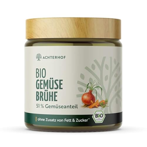 Gemüsebrühe Bio | salzarm mit nur 1 Gramm Salz | 51% Gemüseanteil | ökologische Bio-Qualität | ohne Geschmacksverstärker, Hefe-Extrakt und Glutamat | keinerlei künstliche Zusatzstoffe | vom Achterhof
