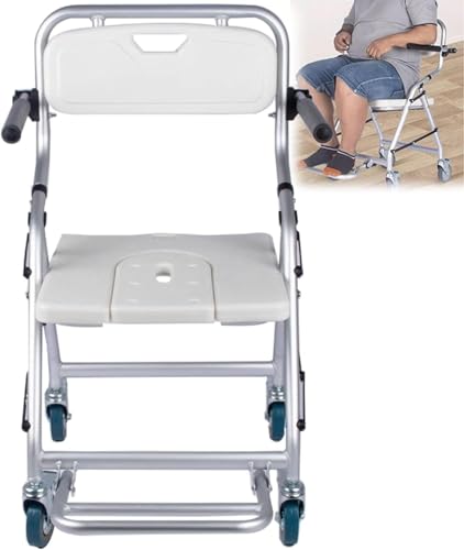 Taburete de ducha para silla de ruedas de aluminio con ruedas con freno y respaldo hasta 120 kg