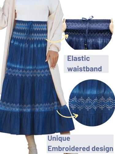 DREFBUFY Maxi Skirt Womens High Waist Pleated Tiered Long Skirts Denim Casual Style Midi Dress for Women4