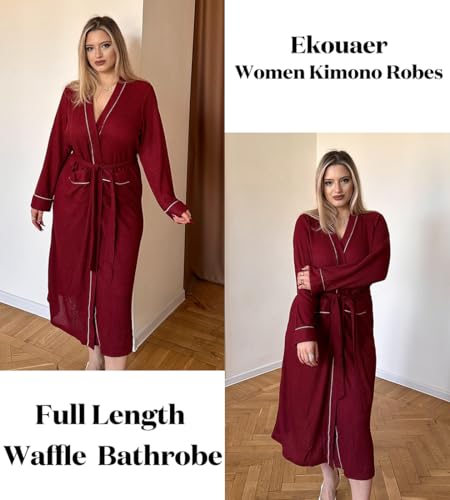 Image of Ekouaer Robes for Women Lightweight Knit Waffle Bathrobe Full Length Kimono Casual Ladies Loungewear