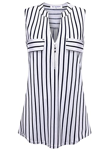 Bulotus Womens Sleeveless Tops Business Casual V Neck Summer Zipper Blouses Tunic Tank Tops For Women, White, Large #TOP3