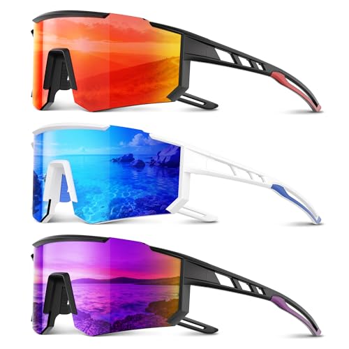 3 Pack Polarized Sports Sunglasses Men Women, Running Mens Sunglasses UV Protection for Baseball Cycling Fishing B08-ice Blue/Red/Purple