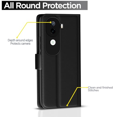 Image of Pikkme Flip Cover Leather Finish | Inside TPU with Card Pockets | Wallet Stand and Shock Proof | Complete Protection Button Flip Case for Vivo V40e 5G / iQOO Z9s 5G(Black)