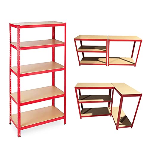 COZYBRITE Garage Shelving Units 5 Tier Heavy Duty Shed Storage Racking Shelf Metal Boltless 875kg Capacity 175kg Per Shelf for Warehouse Workshop Office (Red, 90x40x180cm)