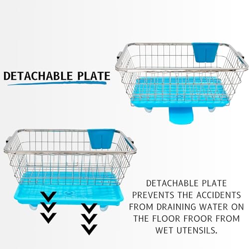Image of flymore 360 Degree Stainless Steel Utensil Basket, Drainer Dish Drainer Basket with Tray for Kitchen Vessel Drainer Rack, Dish Drying Rack with Tray and Cutlery Holder