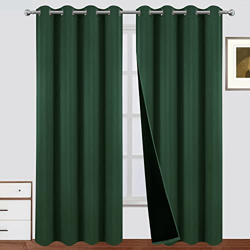 LEMOMO 100% Blackout Curtains 52 x 95 Inch Green Curtains 2 Panels Darkening Thermal Insulated Bedroom Curtains