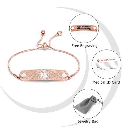 BAIYI HOPE Personalized Rose Gold Medical Alert ID Bracelets for Women Custom Adjustable Chain Emergency Health Awareness Bracelet 5-8.8 inch - Thumbnail 4