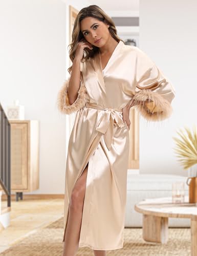 EPLAZA Bride Robe for Wedding Day Bridal Robes with Feather Long Satin Kimono Robes for Bachelor Party Getting Ready Outfits (Champagne, One Size) - Thumbnail 4