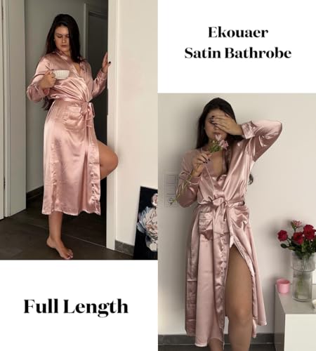 Image of Ekouaer Satin Robes for Women Long Sleeve Silk Bathrobe Soft Lightweight Full Length Sleepwear Bridesmaid Wedding Party Robes
