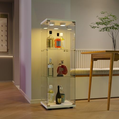 Lietre Vitrina de cristal LED con 3 estantes, armario de almacenamiento de cristal con puertas y cerradura para bar, armario coleccionable para salón, dormitorio, oficina (blanco)