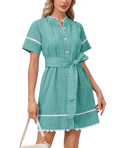 Image of Women's Summer Shirt Dress Short Sleeve Button Down Mini Tie Waist Belted Tunic with Pockets RIC Rac Trim