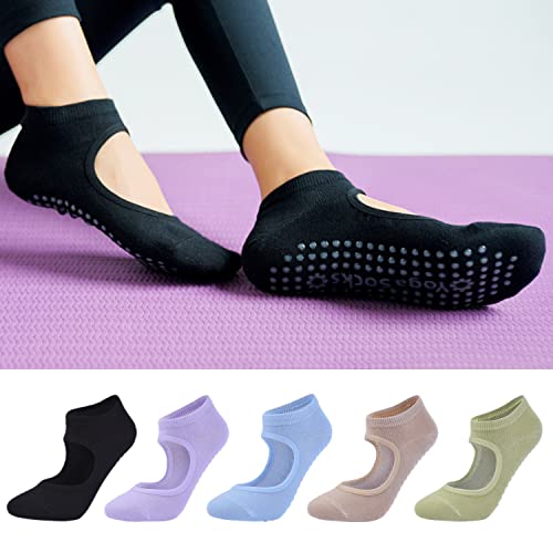 Zziyeettm 5 Pairs Non Slip Yoga Socks For Women, Girls Backless Silicone Dot Pilates Dance Sports Socks For Fitness Gym (Black/Purple/Blue/Beige/Green) #TOP2