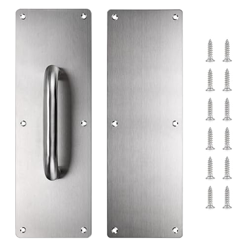 Image of Sumnacon 1 Set 12 inch Stainess Steel Door Handle Pull & Push Plate - Heavy Duty Silver Gate Handle Bar for Home /Office /Warehouse /Public, Suitable of Wooden /Composite Door with Screws,Brushed