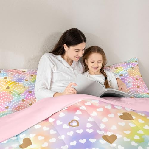 Image of Erosebridal Rainbow Hearts King Comforter Set Gold Heart Bedding Set for Kids Teens Valentine Love Geometric Quilt Love Heart Bedroom Decor 3 Pcs