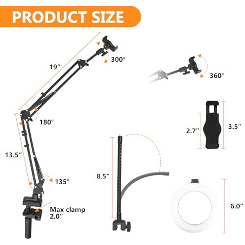 Overhead - Trípode para teléfono móvil con luz de anillo, flexible, soporte de brazo con anillo de luz LED, 3 colores de luz + 10 brillo, soporte de escritorio para YouTube, stream en vivo, cocina - imagen 2
