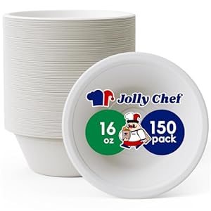 JOLLY CHEF Compostable Disposable Paper Bowl [16 oz] Heavy Duty Soup Bowls [150 Pack] Biodegradable Bagasse Hot Cold Food Bowls Eco-Friendly Sugarcane Bowls for Salad Dessert Milk Cereals