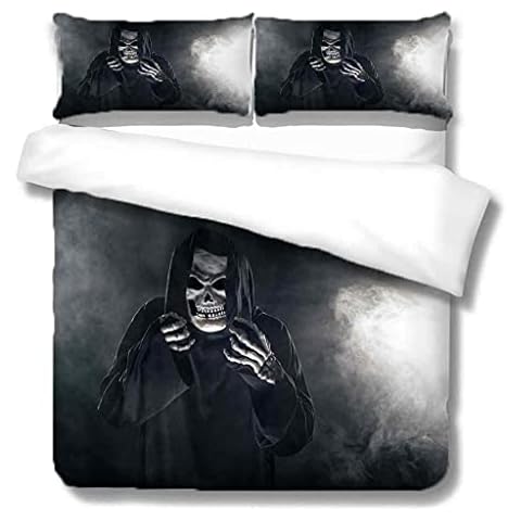 CEFCKB 3 Pieces Duvet Cover Set Super King 3D Halloween Skeleton Grim Reaper Bedding Quilt Duvet Cover with Zipper Closure for Adults Teenagers, Ultra Soft Hypoallergenic Microfiber 20X260cm Cover