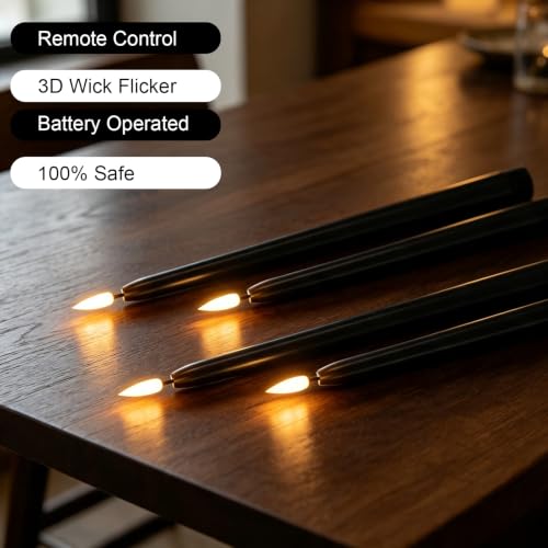 Image of Wondise Halloween Black Flameless Taper Candles with 2 Remote & Timer | Waxy 10 Pack Candles Battery Operated LED Candles with 3D Wick Flickering for Halloween Table Decorations