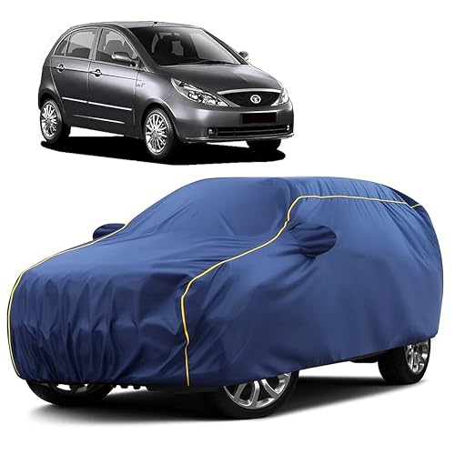 Image of Sulfar 100% Water Resistant Car Body Cover Compatible with Mirror for Tata Indica Vista (Triple Stitched, Full Bottom Elastic, Blue Taffeta with Yellow Piping)