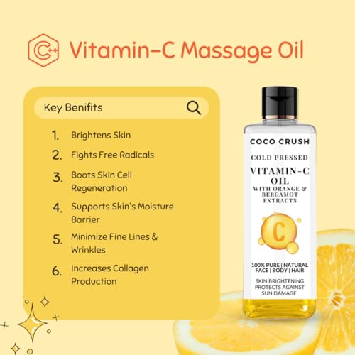 Image of Coco Crush Cold Pressed Vitamin C Body Massage Oil for Men | Skin Brightening & Tan Removal | Orange & Bergamot | Collagen Boost | Face Body & Hair | Mineral Oil Free | 50ml
