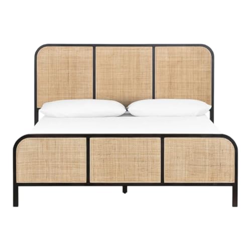 Image of Perk Rattan King Size Bed for Bedroom | Non Storage Cot for Hotel Room | Mango Wood, Black Matt Finish | Mattress Size - 72 x 78 in | Assembly- DIY
