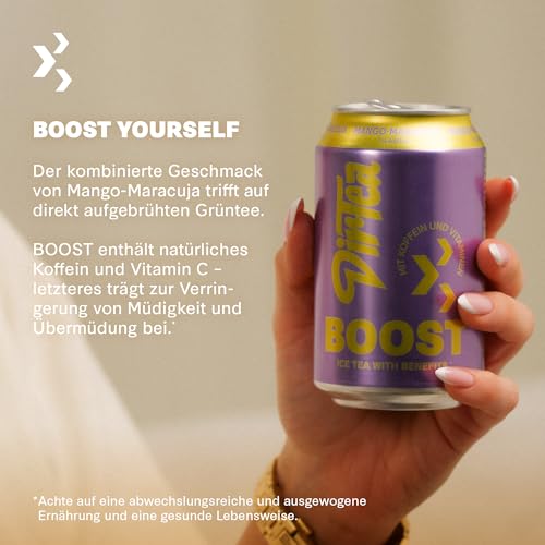 DirTea BOOST im Vorratspack (12 x 0,33 l) – Funktionaler Eistee mit Mango-Maracuja Geschmack, direkt aufgebrüht, mit Koffein & Vitaminen für den extra Energy-Kick – Fresh, fruity & powerful!