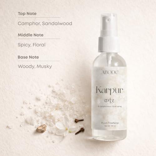 Image of ABODE Karpur Room Freshener | Camphor Sandalwood Ritual Spray | Spiritual Aromatherapy for Home and Pooja Space | Long-Lasting Fragrance | Paraben and Phthalate-Free | 100 ml