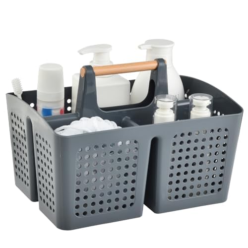 Portable Shower Caddy Basket with 3 Compartments and Handle, Dark Gray