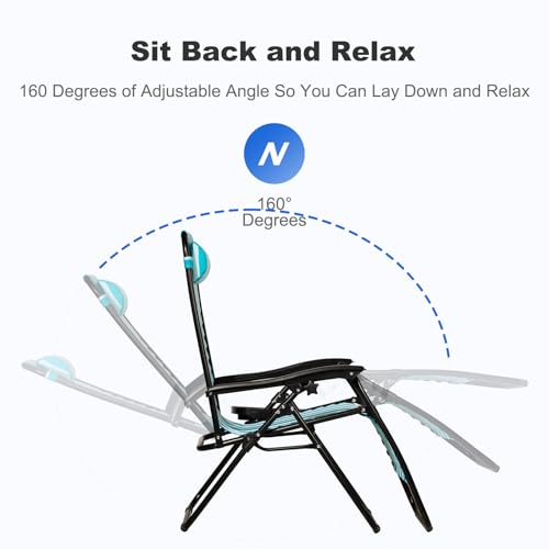 Nazhura Set of 2 Relaxing Recliners Patio Chairs Adjustable Steel Mesh Zero Gravity Lounge Chair Beach Chairs with Pillow and Cup Holder (Light Blue Stripe)