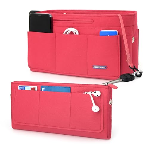 Lucky Sign Organizador de bolsos para bolsos interiores, bolsos de mano, organizador con llavero, carteras, organizador multifuncional de fieltro, 26 x 11 x 16 cm, color rojo