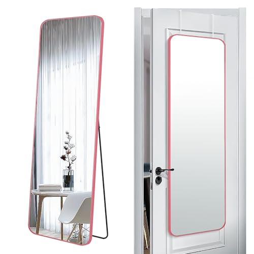 57x20 Door Hanging Full Length Mirror, Floor Stand (Height 5.7ft just Body in1.3ft) Wall Mounted Metal Frame Rectangle Dressing Mirrors for Bedroom Room 57 inch Pink Rose Gold