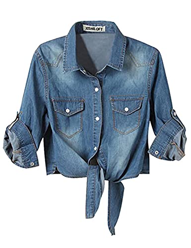 Xishiloft Women's 3/4 Short Roll Sleeve Denim Crop Top Tie Knot Shirt with Pockets (Dark Blue, Medium, m)