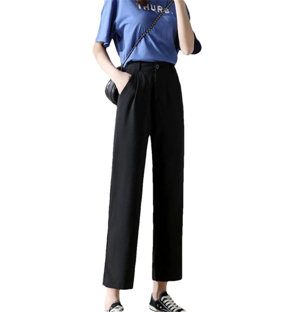 Spring Straight Pants for Women Solid Elastic Waist Ankle Length Pants Office Lady Casual High Waist Trousers
