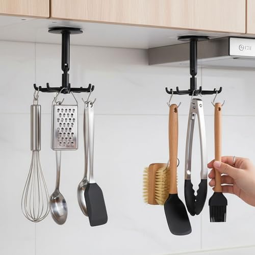 2pcs Under Cabinet Kitchen Hooks, 360° Rotating 7-Claw Adhesive Hooks, Kitchen Utensil Holder for Wall Cabinet Storage, Perfect for Bathroom Bedroom Office Organisation, Black