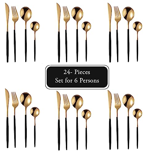 Image of Stainless Steel Black Gold Cutlery Set for 6 Person with Gift Box 24 Pieces Mirror Finish Luxury Premium Flatware Set for Dining Table Hotel Cafe Bar Restaurant House Warming Gifts