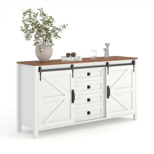 60" Farmhouse Sideboard Buffet Cabinet with Sliding Barn Doors & 4 Drawers, White Kitchen Cabinet with Storage for Dining Room, Coffee Bar, 31.5" Tall