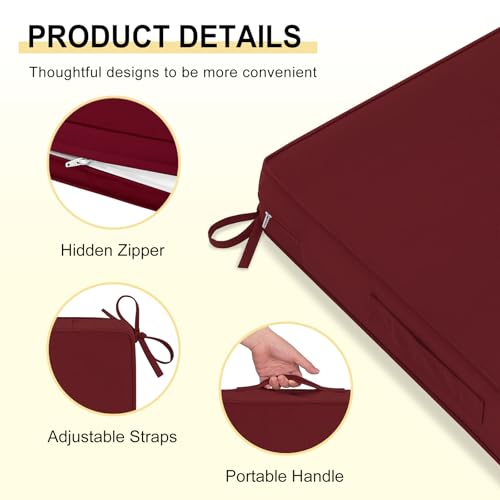 downluxe Outdoor Chair Cushions 22x22 with Removable Cover, Waterproof Patio Furniture Cushions, Deep Seat Cushions for Outdoor Furniture with Backrest for Sofa, Couch and Patio Chairs, Burgundy - Thumbnail 3