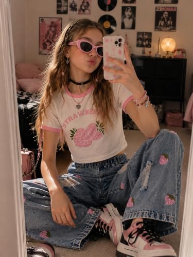Image of Azmxynol Tween Girl Clothes Short Sleeve Top + Butterfly Design Jeans 2 Pieces Spring Summer Outfit Set, Size 6-16 Years
