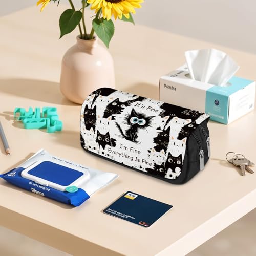 Image of Cat Pencil Case for Boys Girls Cartoon Black Cat I'm Fine Pencil Pounch Large Capacity Flip Top Pen Bag with Zipper Back to School Supplies Cats Themed Pen Holder Office Student Stationery Box